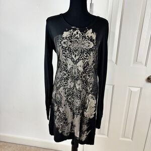Peruvian Connection Black Pima Cotton Modal Damask Print Long Sleeve Tunic S